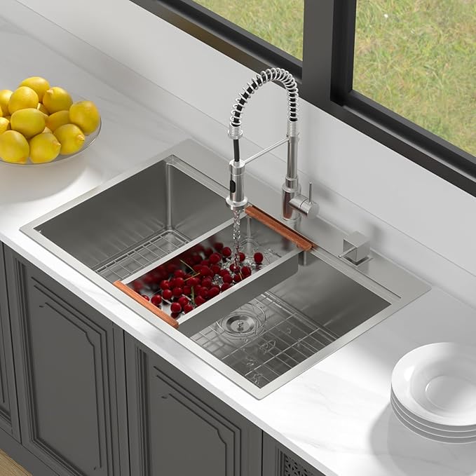 LORDEAR 30x22 Inch Drop In Kitchen Sink Stainless Steel Workstation Kitchen Sinks 16 Gauge Single Bowl Sink with Ledges 30 inch Topmount Kitchen Sinks Round Corners