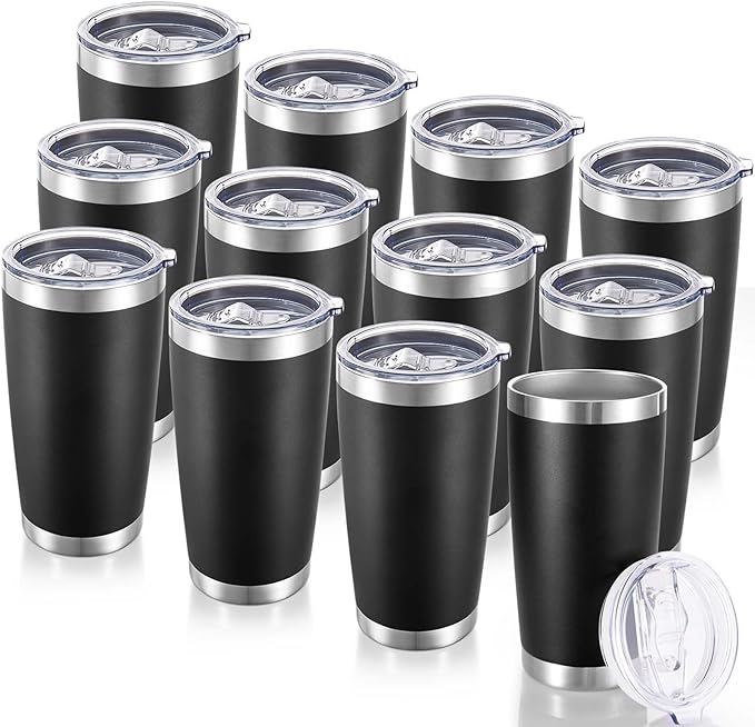20 oz Tumblers Bulk Stainless Steel Tumbler with Lid Double Wall Vacuum Insulated Coffee Mug 20oz Powder Coated Cup for Hot and Cold Drinks, Black, 12 pack