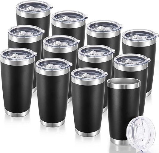 20 oz Tumblers Bulk Stainless Steel Tumbler with Lid Double Wall Vacuum Insulated Coffee Mug 20oz Powder Coated Cup for Hot and Cold Drinks, Black, 12 pack