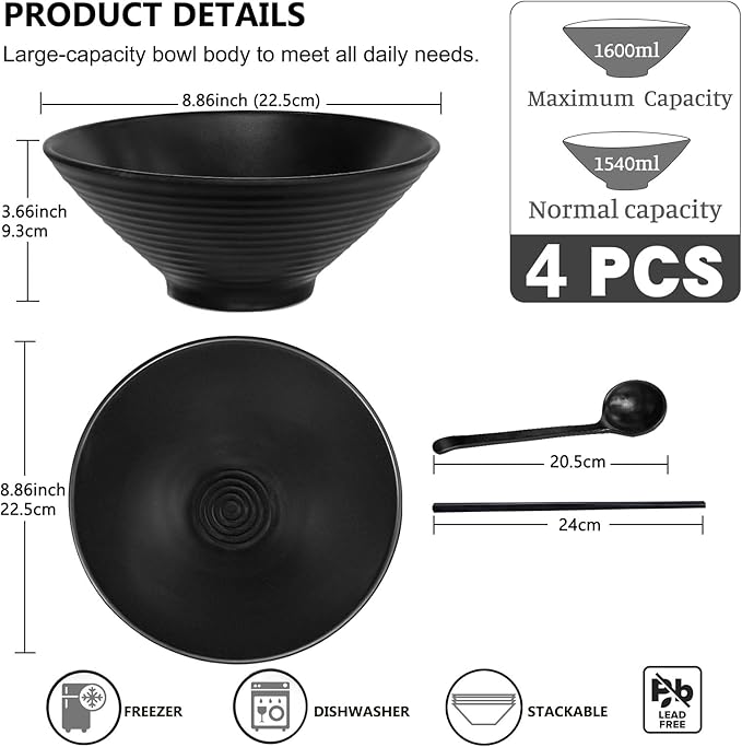Set of 4 Ramen Bowl Set, Melamine Large Japanese Style Noodle Soup Bowls Set with Spoons and Chopsticks for Ramen, Pho, Noodles, Asian Dishes Black,Large Bowl for Adults| Dishwasher Safe (Black 8.7in)