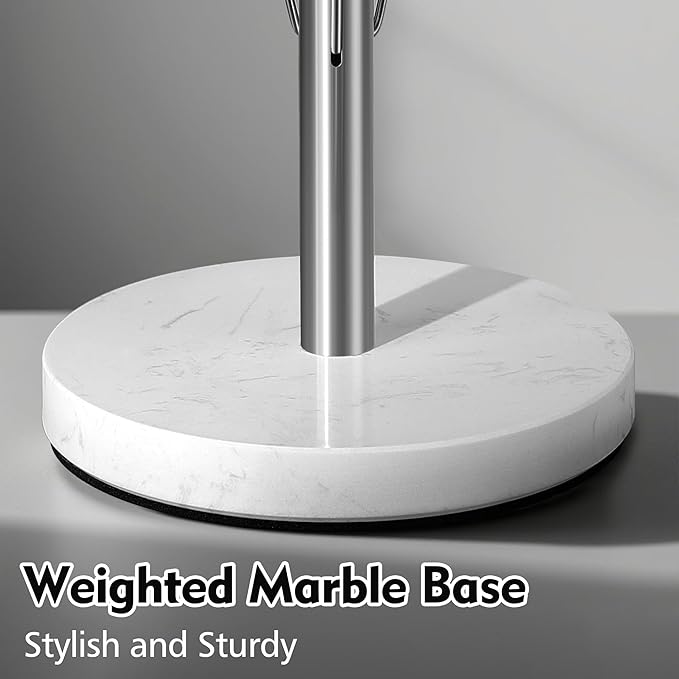 YIGII Heavy Marble Base Paper Towel Holder Countertop - Standing Paper Towel Roll Holder with Weighted Base, Papertowel Holder for Kitchen, White Marble