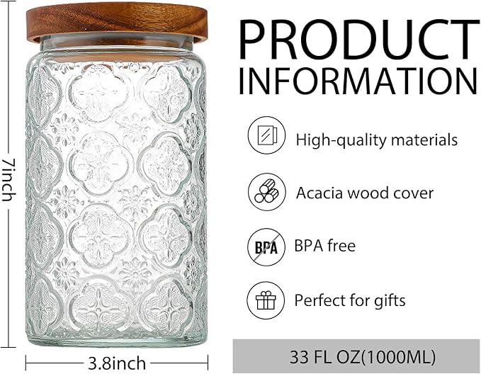 35oz/1000ml Glass Storage Jars with Nature Wood Lids, Airtight Food Storage Containers for Kitchen Organization, Large Capacity for Cookie, Pasta, Sugar, Flour, Cereal - Set of 2