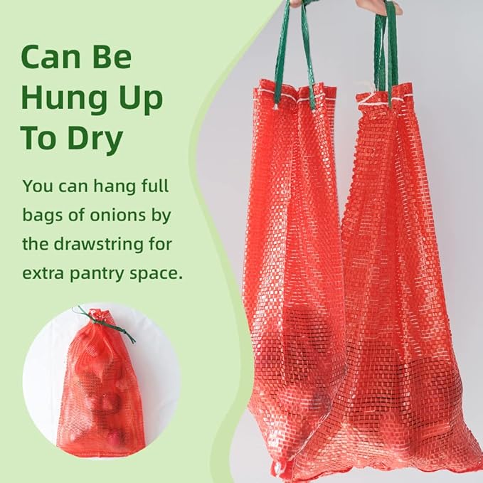 10 lb Mesh Onion Bags 100pcs, 11"×18" Mesh Produce Bags Hanging Reusable Breathable Vegetable Storage Net Bag with Drawstring for Onions Potatoes Citrus Crawfish, Red (Pack of 100)