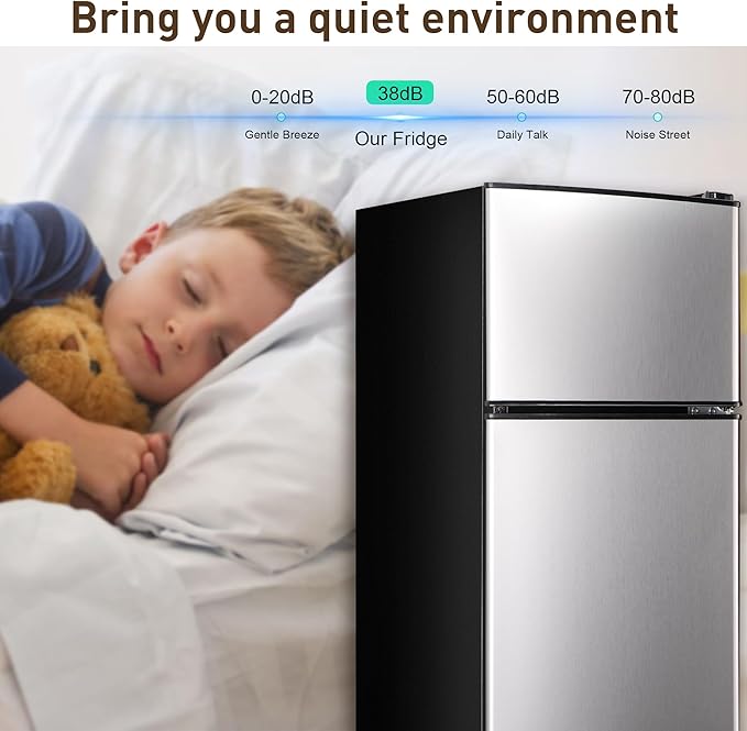 Mini Fridge with Freezer, 3.2 Cu. Ft. Double-Door Small Refrigerator with Adjustable 7-Level Thermostat & Separate Freezer, Dorm Fridge Compact for Kichen, RV, Office, Apartment, Silver