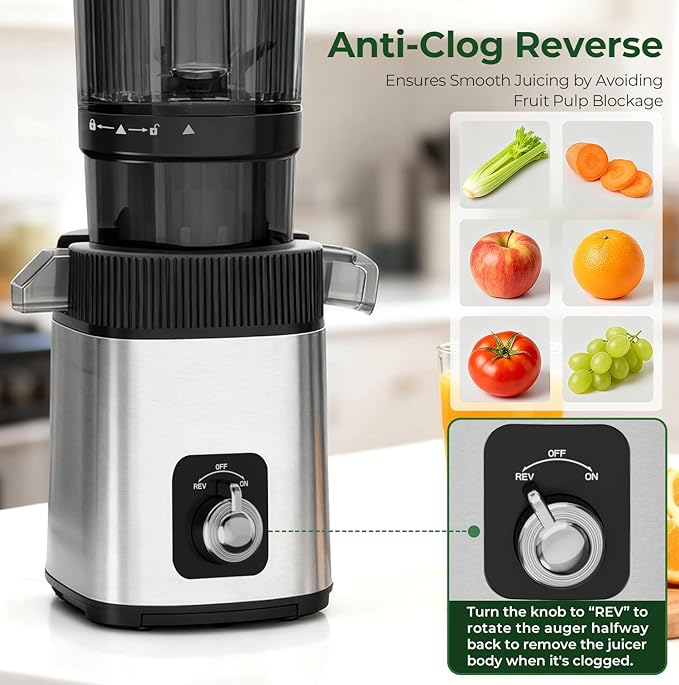 Cold Press Juicer Machine, 4.4" Wide Feed Chute, Slow Masticating Juicer for Whole Vegetables & Fruits, High Juice Yield, Easy to Clean & Assemble, One-Touch Knob Control