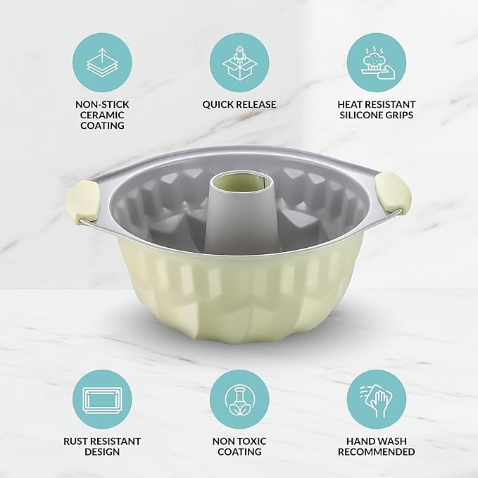 Boxiki Kitchen Premium Non-Stick Fluted Cake Pan - Ceramic Bakeware for Perfect Pound Cakes, Chocoflan & More - Durable & Easy Release