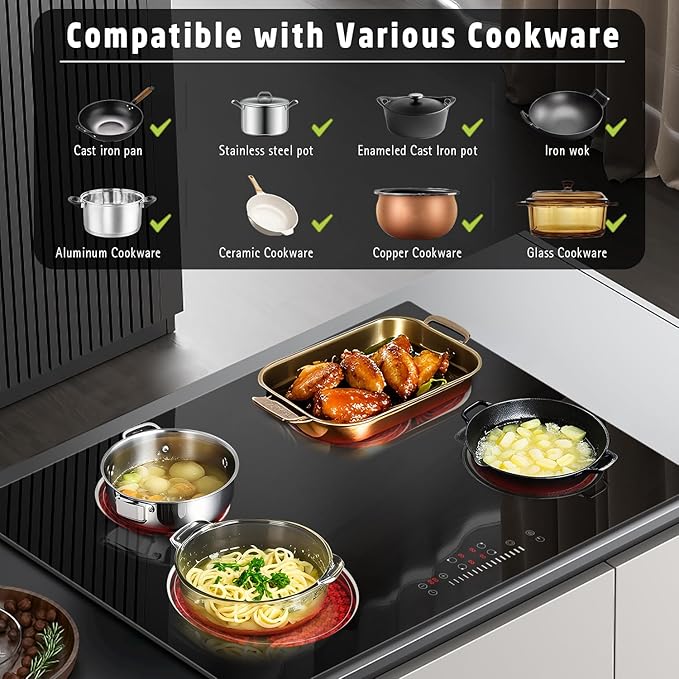 30 Inch Electric Cooktop 6600W, 4 Burner Electric Stove with Slide Control, Built-in 30'' Ceramic Cooktop 220V Hard Wire, Timer & Safety Lock, Extended Zone, Residual Heat Warning