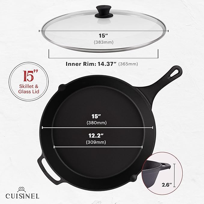 Cuisinel Cast Iron Skillet with Glass Lid Cover - Large 15"-inch Frying Pan + Red Scraper + Silicone Handle Grip - Pre-seasoned Kitchen Cookware - Indoor/Outdoor - Camping, Grilling, BBQ, Oven Use