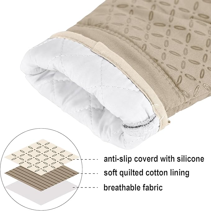 KEGOUU Oven Mitts and Pot Holders 6pcs Set, Kitchen Oven Glove High Heat Resistant 500 Degree Extra Long Oven Mitts and Potholder with Non-Slip Silicone Surface for Cooking (Almond)