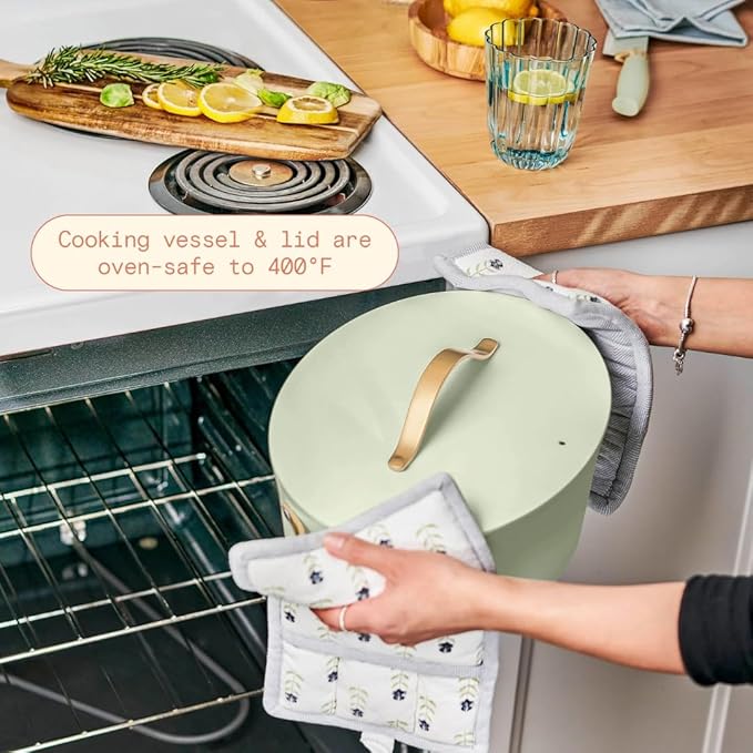 Beautiful 10-in-1 Electric Multi-Cooker by Drew Barrymore, 6-quart, digital display, 10 cooking functions, non-stick pot, easy one-touch control (Sage Green)