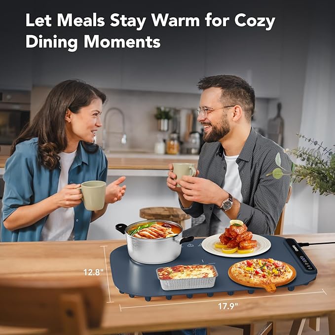 Coanto Food Warming Mat, Electric Warming Tray for Buffets & Parties, Silicone Heating Mat with 7 Temperature Settings, Roll-Up Storage, 17.91"x12.8", Blue