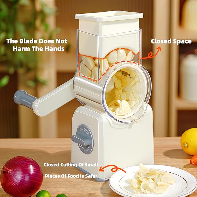 Rotary Cheese Grater with Handle,Replaceable Stainless Blades Cheese Shredder,Multi-Functional Cheese Vegetable Slicer with Storage Box,Easy to Clean Kitchen Gadgets with Storage Box (Beige, 3 Blades)