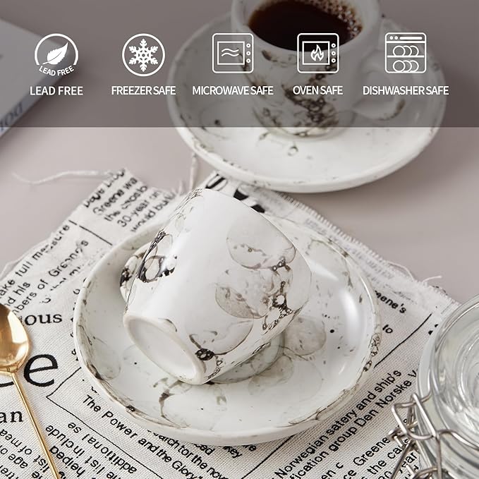 SIDUCAL Espresso Cups Set of 6,2 Ounce Ceramic Coffee Cups with Saucers,Porcelain Double Espresso Shot Cup Set,Gift Box for Boyfriend Gift(White)