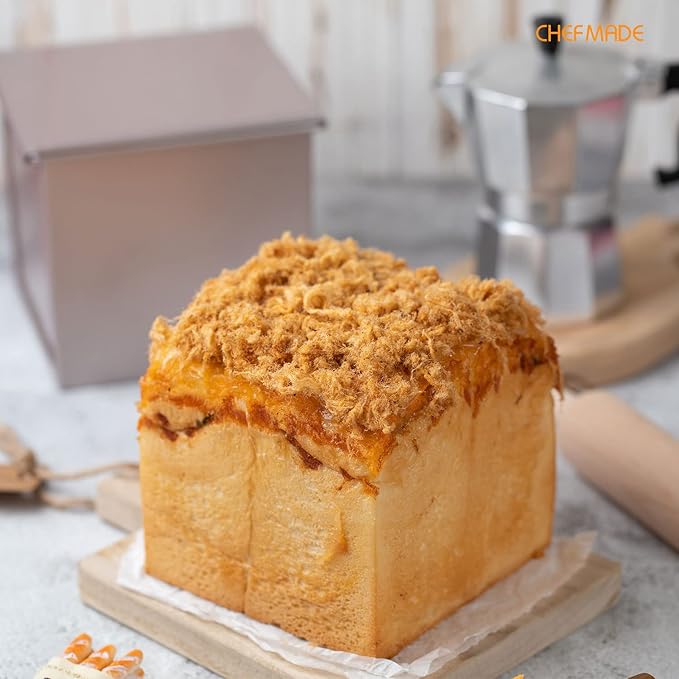 CHEFMADE Square Pullman Loaf Pan with Lid, 1Lb Dough Capacity Non-Stick Rectangle Flat Toast Box for Oven Baking 5.7" x 5.7"x 5.2"(Champagne Gold)