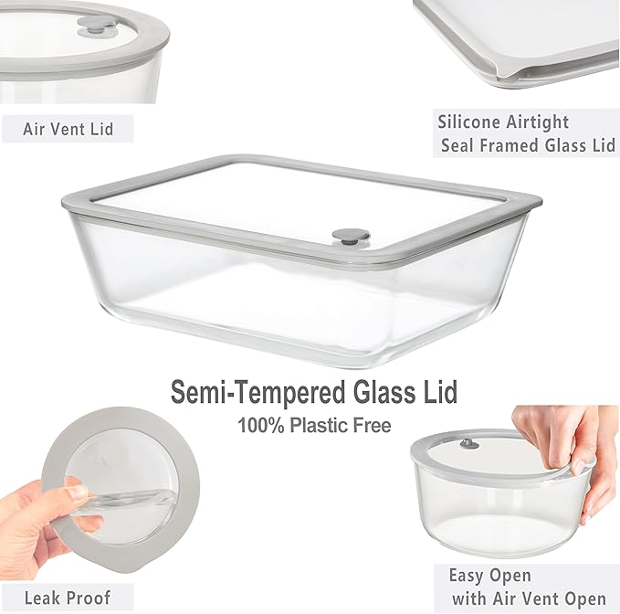 Glass Food Containers with Glass Lid, Microwave Safe Food Storage Container Set, 3 Pack, Square Shape, Food Containers with Lids, Meal Prep containers with Leak Proof Lid.