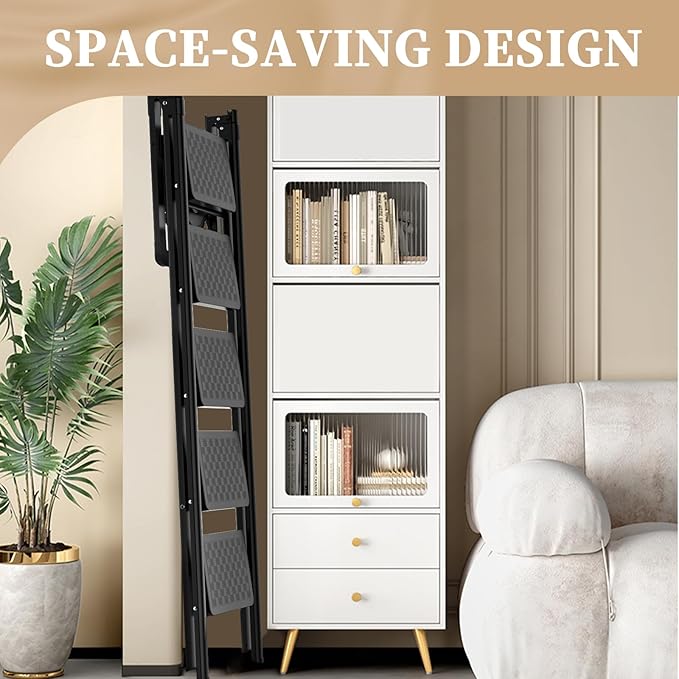 HBTower 5 Step Ladder, Folding Step Stool, Portable Sturdy Steel for Adults with Wide Pedals Home Outdoor Kitchen, Black