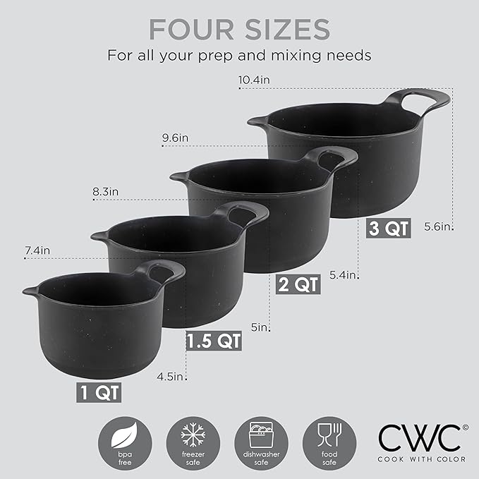 COOK WITH COLOR Nesting Plastic Mixing Bowl Set with Pour Spouts and Handles, Black Speckled, 4 Piece Non-Slip