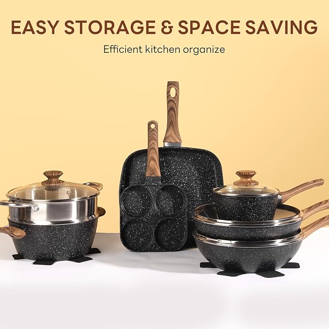 Sweetcrispy 17 Pcs Nonstick Pots and Pans, Non-toxic Kitchen Cooking Set with Stay-Cool Handles, Black