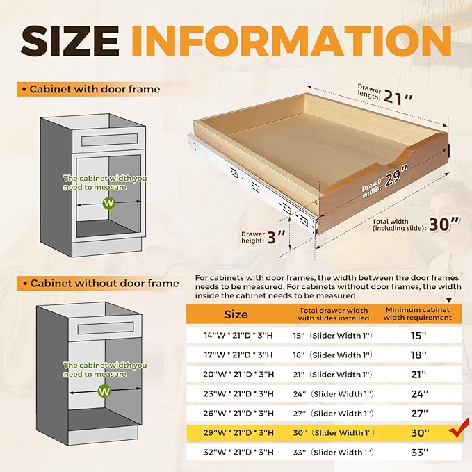 Pull Out Drawers for Cabinet Wood Slide Out Cabinet Organizer and Storage Cabinet Kitchen Drawers Slide Out Shelves Pull Out Shelves in Kitchen Pantry Bathroom with Soft Close 30"W x 22"D x 3"H