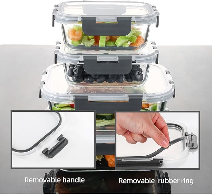 12 Pack Glass Storage Containers with Lids, Glass Meal Prep Containers Set, Airtight Food Storage Containers, Grey
