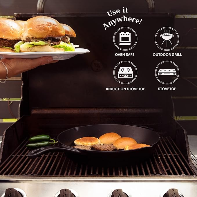 Cuisinel Cast Iron Skillet with Glass Lid Cover - Large 15"-inch Frying Pan + Red Scraper + Silicone Handle Grip - Pre-seasoned Kitchen Cookware - Indoor/Outdoor - Camping, Grilling, BBQ, Oven Use