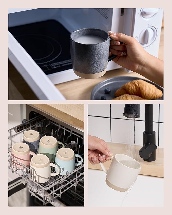 famiware Coffee Mugs Set of 6, Milkyway 13 oz Mug Set, Ceramic Cup Set with Handle for Coffee, Tea, Cocoa, Milk, Matte White + Matte Dark Charcoal