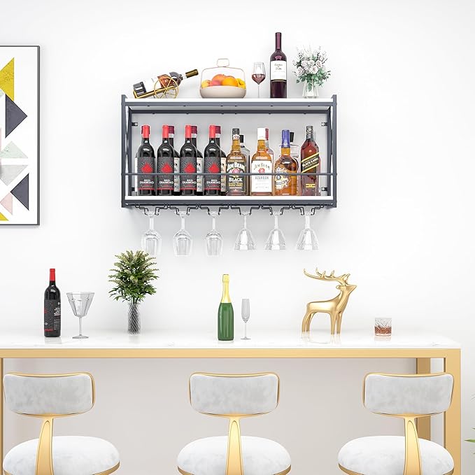 Dokser Wine Rack Wall Mounted Shelf - 2 Tier, Rustic Wood & Industrial Iron Frame Wine Bottle Holder for Kitchen, Dining Room, Home Bar Decor (White)