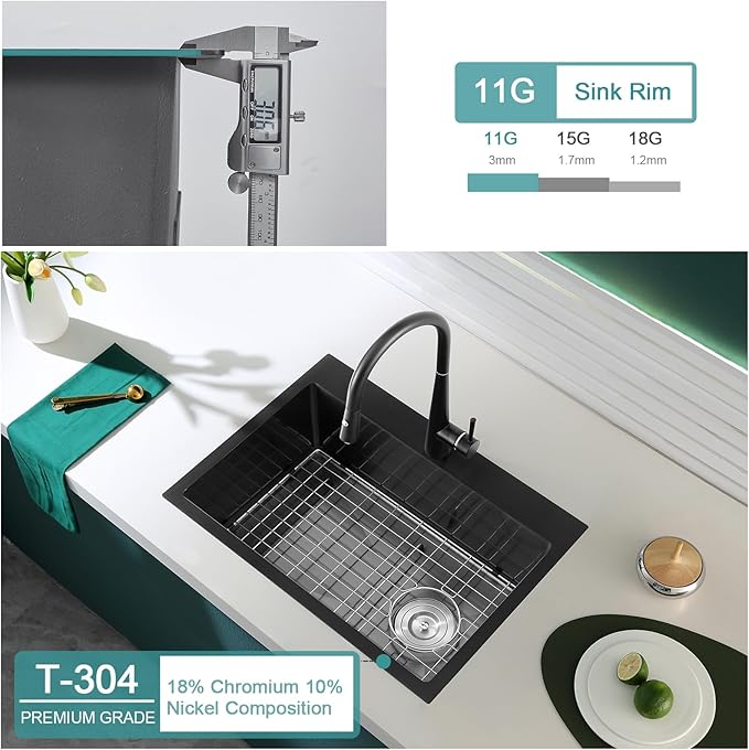 24 inch Drop-in Black Kitchen Sink Single Bowl, Topmount Kitchen Sink with Protective Bottom Grid, Overmount 304 Stainless Steel Kitchen Bar Sink Handmade with Basket Strainer, 24×18×9 inch