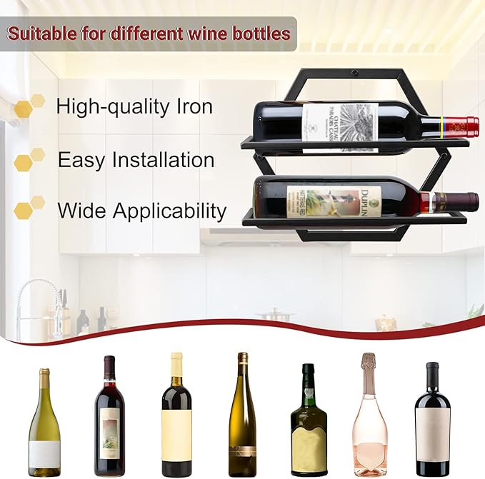 2Pcs Wall Mounted Wine Bottle Rack, Metal Hanging Wine Display Holder Organizer, Red Wine Racks for Home Kitchen Bar Decor Storage(Black) (B2)
