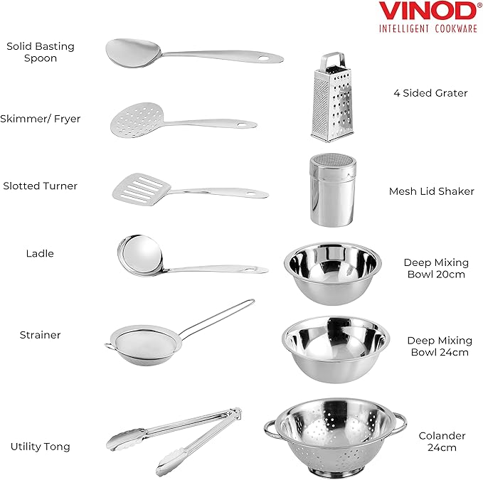 Vinod Stainless Steel Cookware Set 11-Piece, Kitchen Starter Set Includes Mixing Bowls Set, Stainless Steel Colander| Kitchen Food Strainer, 4-Side Grater, Serving Spoons, Ladle & Utility Tongs