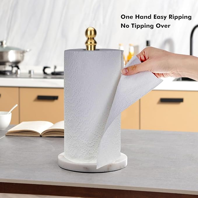 Gold Paper Towel Holder Countertop, Standing Paper Towel Roll Holder for Kitchen Bathroom, with Weighted Base for One-Handed Operation