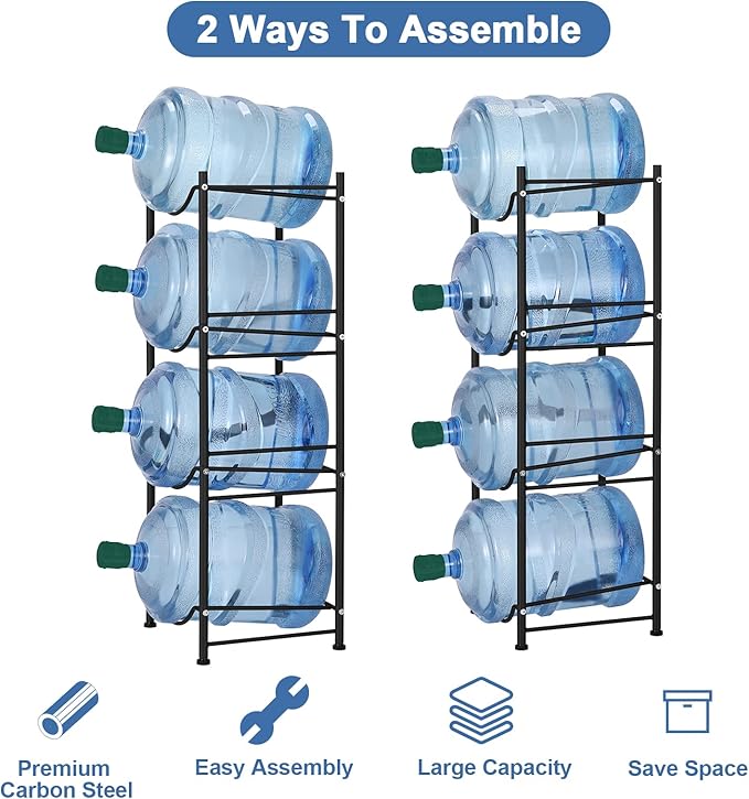 smusei 5 Gallon Water Bottle Jug Holder 4 Tier Heavy Duty Cooler Jug Storage Rack Detachable Bottle Organizer Shelf for Home, Kitchen, Office, Breakroom Space Save, Black