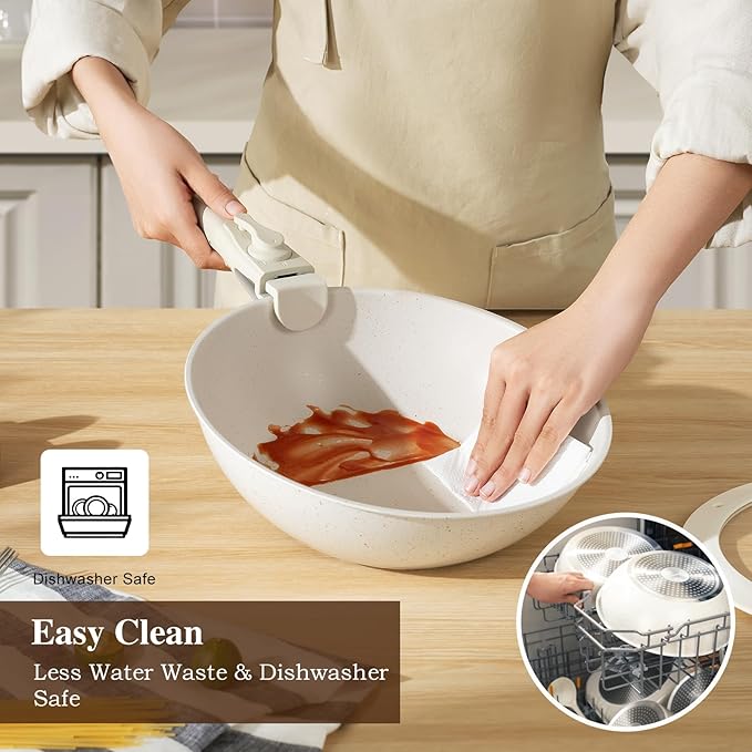 20 Pcs Pots and Pans Set Non Stick, Stackable Cookware Sets with Detachable Handle, Granite Induction RV Kitchen Portable Cooking Set Removable Handles, Dishwasher ＆ Oven Safe, Cream White