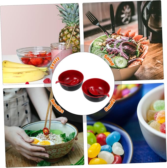 Uonlytech Melamine Ramen Bowl with Spoons Black and Red Multi-function Soup and Rice Bowls Easy-clean Kitchen Tableware for Salad Noodles and Asian Cuisine