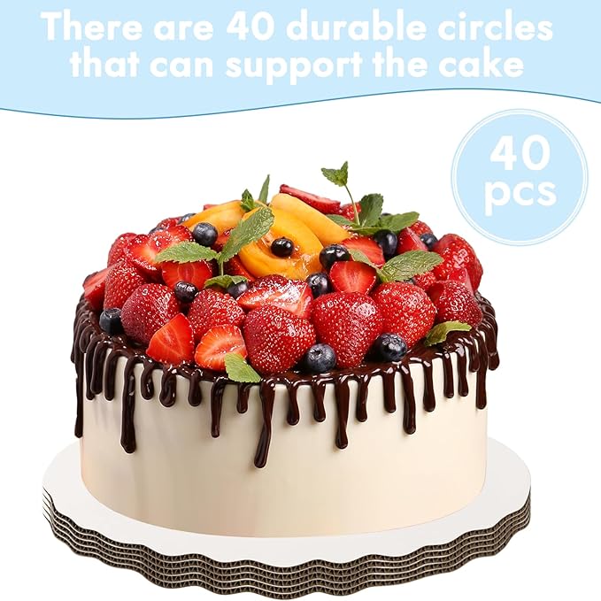JCD 40pcs White Wave Cake Boards,8inch Wave Circles Rounds Base, Food-Grade Cardboard Wave Cake Plate-Thinner But Stronger (White Wave, 8inch/40Pcs)