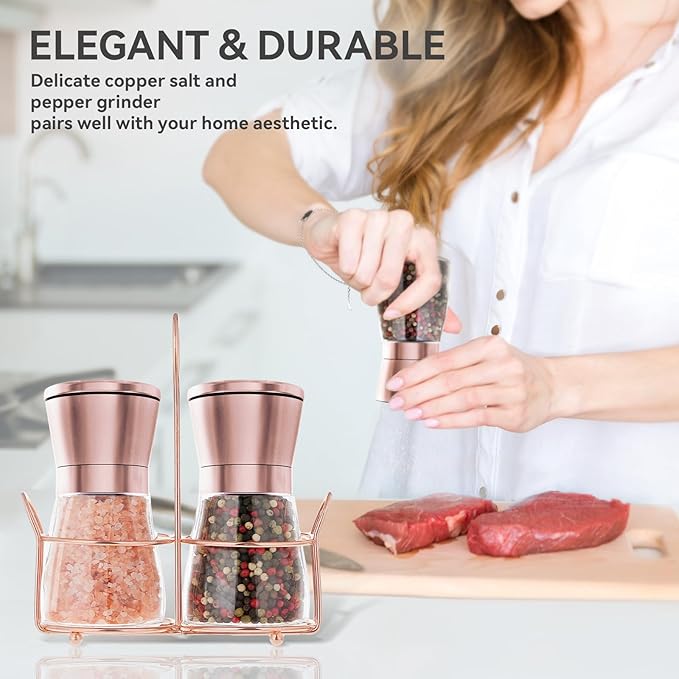 Copper Stainless Steel Salt and Pepper Grinder Set Manual Himalayan Pink Salt Mill|Salt and Pepper Shakers with Adjustable Coarseness and Clear Glass Body (Pack of 2) (SHORT)