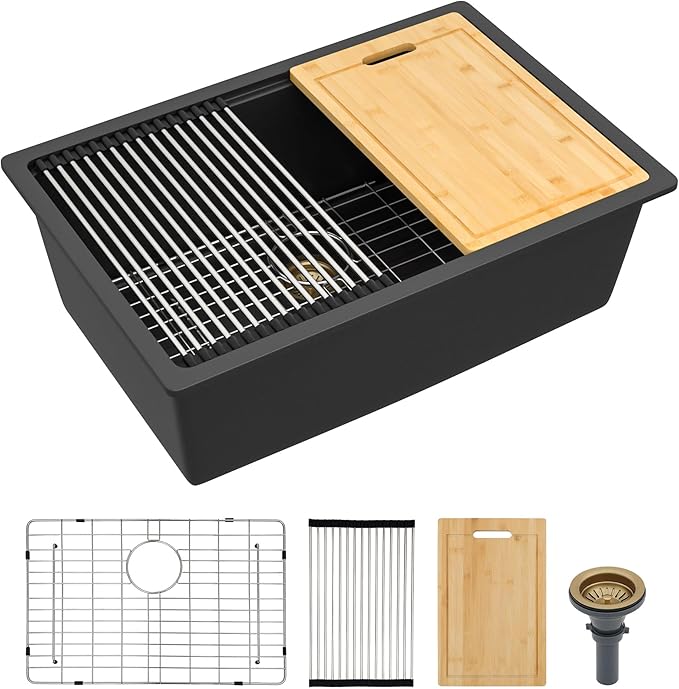 28"x19" Granite Composite Kitchen Sink - Matte Black Undermount Ledge Workstation Quartz Classic Under Counter Single Bowl Basin