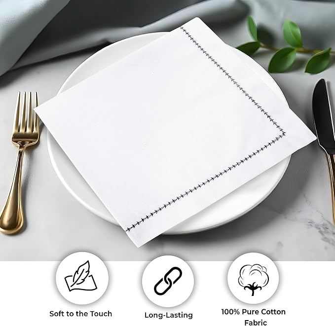 Urban Villa Cloth Napkin Set of 6 Hemstitch White Black 20x20 Inches Premium Soft Cotton Highly Absorbent Reusable & Washable Dinner Table Napkins for Home and Weddings