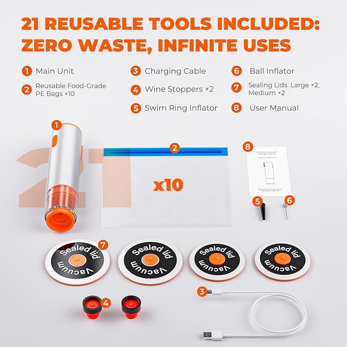 Handheld Vacuum Sealer with Multi-Purpose Use, Powerful Suction, 4 Mason Jar Lids, Aluminum Body, One-Touch Operation, Kitchen Essentials for Sports Balls, Gray