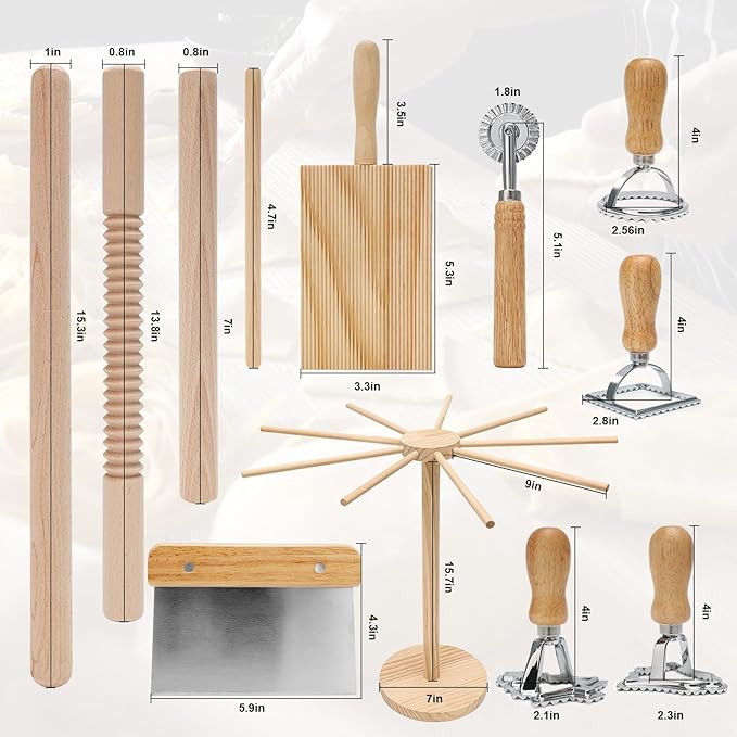11 Pcs Pasta Making Tools with 4 Ravioli Stamps(Christmas Tree,Bell,Square,Round),Pasta Drying Rack, Threaded Rolling Pin, 2 Rolling Pins, Gnocchi Board,Dough Cutter, Wheel Cutter,Homemade Pasta Kit