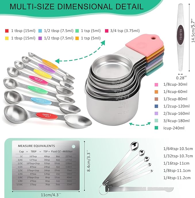 Magnetic Measuring Cups and Spoons Set 23-Piece, 304 Stainless Steel Dual Scale Measurements (US + Metric), Dishwasher Safe with Leveler for Baking & Cooking - Ergonomic Design, Mixed Colors