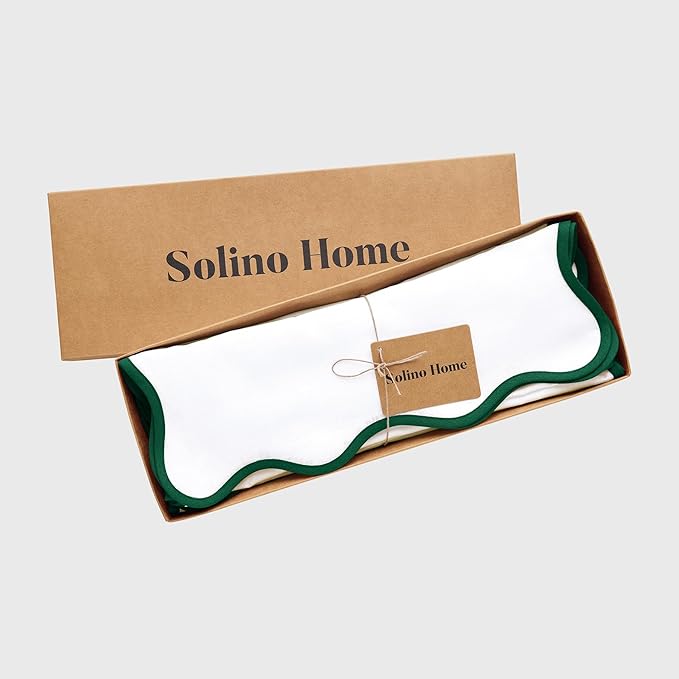 Solino Home Scallop Placemats Set of 4-100% Pure Linen Christmas Green and White Placemats 14 x 19 Inch - Giselle Scallop Edge, Handcrafted and Machine Washable