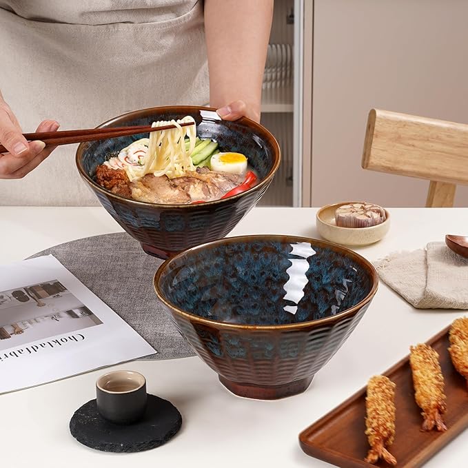NUTRIUPS Ceramic Ramen Bowl Set of 2 Noodles Bowl with Chopsticks and Spoons, 50oz Large Ramen Bowl- Peacock Tail