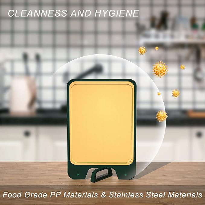 Double Sided 304 Stainless Steel Cutting Board with Self Stand Hanle, Large Plastic Chopping Board for Kitchen, Deep Juice Groove Non-slip Cooking Board, Dishwasher Safe