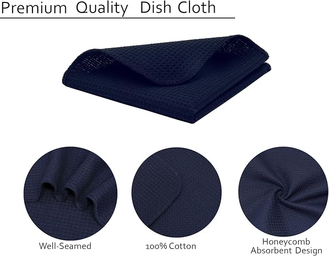 PurpleEssences Dish Cloths and Dish Rags - 8 Pack Waffle Weave Solid Kitchen Dish Wash Cloths, 100% Cotton, 12 x 12 Inches, Ultra Soft Absorbent Quick Drying - Christmas Holiday Winter - Navy Blue