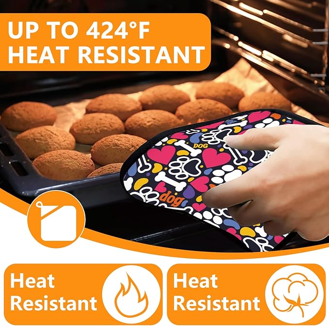Paw Prints Oven Mitts and Pot Holders Sets 4Pcs,Extra Long Oven Gloves Potholder for Kitchen Cooking Baking BBQ 100% Cotton Heat Resistant