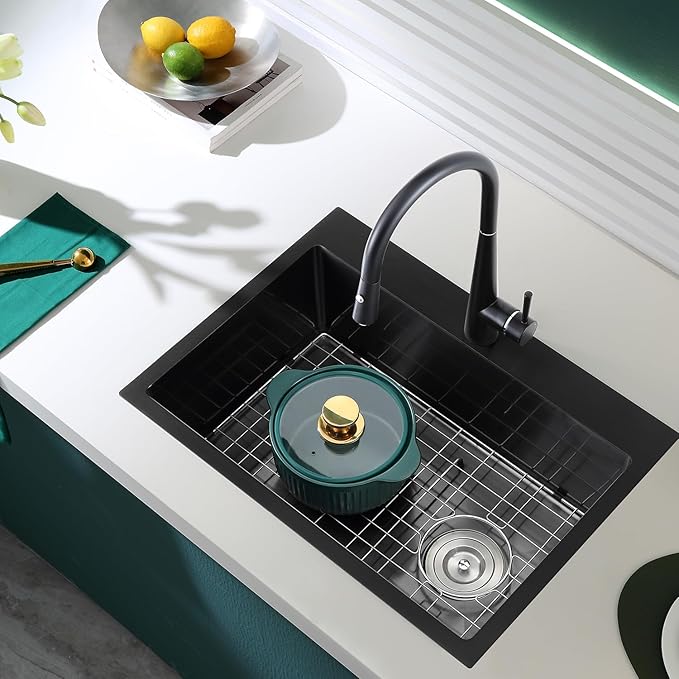 25x18x9 Inch Kitchen Sink, Handmade 304 Black Stainless Steel Single Bowl, Centre-Offset Drain, R10 Tight Corner, Drop in Kitchen Sink with Strainer & Bottom Grid