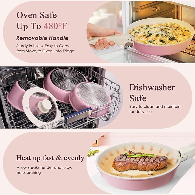 KIKCOIN 5 Pack Ceramic Pots and Pans Set Non Stick, Kitchen Cookware Set Detachable Handle, Non Toxic Cooking Set with Removable Handles, Induction Dishwasher/Oven Safe, Ollas de Cocina, Pink
