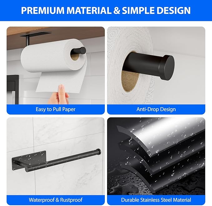 Paper Towel Holder Under Cabinet, Self-Adhesive,No Drilling, Stainless Steel, Wall-Mounted for Kitchen and Bathroom, Easy Install, Durable, Space-Saving, Ideal for Home, RV (Black, 2 Pack)