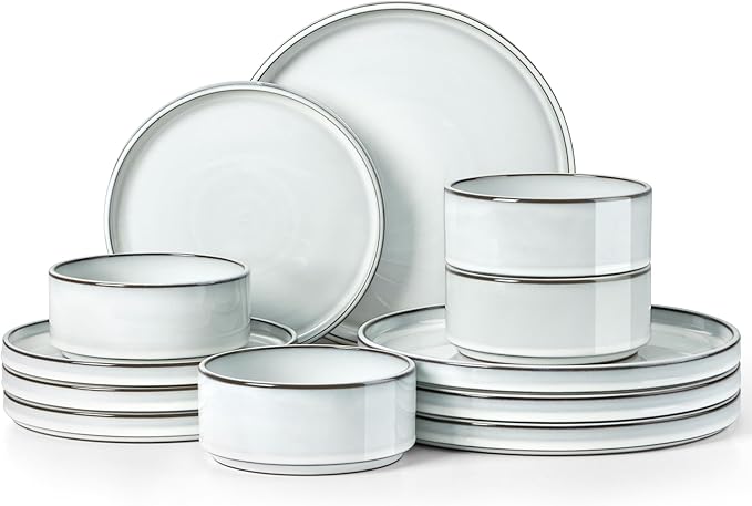 Herogo 12 Pieces Stoneware Dinnerware Set for 4, Ceramic Dinner Dishware Sets for Home Kitchen, Plates and Bowls with Rustic Terracotta Bottom, Dishwasher & Microwave Safe, Icy White